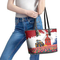 Netherlands Farm Landscape Leather Tote Bag with Tractor and Tulips
