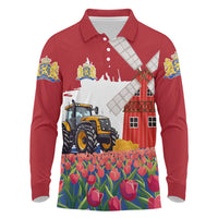 Netherlands Farm Landscape Long Sleeve Polo Shirt with Tractor and Tulips