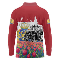 Netherlands Farm Landscape Long Sleeve Polo Shirt with Tractor and Tulips