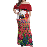 Netherlands Farm Landscape Off Shoulder Maxi Dress with Tractor and Tulips