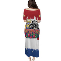 Netherlands Farm Landscape Puletasi with Tractor and Tulips