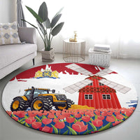 Netherlands Farm Landscape Round Carpet with Tractor and Tulips