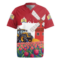 Netherlands Farm Landscape Rugby Jersey with Tractor and Tulips