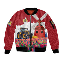 Netherlands Farm Landscape Sleeve Zip Bomber Jacket with Tractor and Tulips