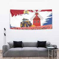 Netherlands Farm Landscape Tapestry with Tractor and Tulips