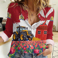 Netherlands Farm Landscape Women Casual Shirt with Tractor and Tulips