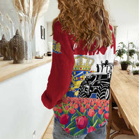 Netherlands Farm Landscape Women Casual Shirt with Tractor and Tulips