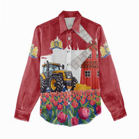 Netherlands Farm Landscape Women Casual Shirt with Tractor and Tulips