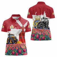 Netherlands Farm Landscape Women Polo Shirt with Tractor and Tulips