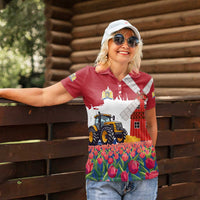 Netherlands Farm Landscape Women Polo Shirt with Tractor and Tulips