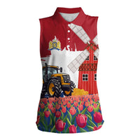 Netherlands Farm Landscape Women Sleeveless Polo Shirt with Tractor and Tulips