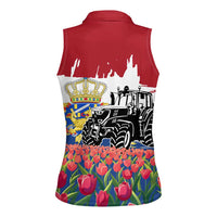 Netherlands Farm Landscape Women Sleeveless Polo Shirt with Tractor and Tulips