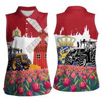 Netherlands Farm Landscape Women Sleeveless Polo Shirt with Tractor and Tulips