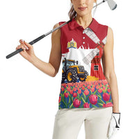 Netherlands Farm Landscape Women Sleeveless Polo Shirt with Tractor and Tulips