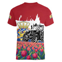Netherlands Farm Landscape Women V-Neck T-Shirt with Tractor and Tulips