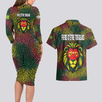 Togo Couples Matching Long Sleeve Bodycon Dress and Hawaiian Shirt with Red Lion Head Design and Traditional African Pattern