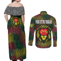 Togo Couples Matching Off Shoulder Maxi Dress and Long Sleeve Button Shirt with Red Lion Head Design and Traditional African Pattern