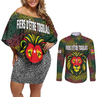 Togo Couples Matching Off Shoulder Short Dress and Long Sleeve Button Shirt with Red Lion Head Design and Traditional African Pattern