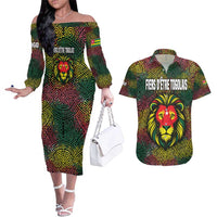 Togo Couples Matching Off The Shoulder Long Sleeve Dress and Hawaiian Shirt with Red Lion Head Design and Traditional African Pattern