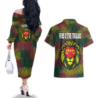Togo Couples Matching Off The Shoulder Long Sleeve Dress and Hawaiian Shirt with Red Lion Head Design and Traditional African Pattern