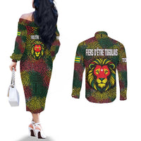 Togo Couples Matching Off The Shoulder Long Sleeve Dress and Long Sleeve Button Shirt with Red Lion Head Design and Traditional African Pattern
