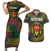 Togo Couples Matching Short Sleeve Bodycon Dress and Hawaiian Shirt with Red Lion Head Design and Traditional African Pattern