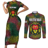 Togo Couples Matching Short Sleeve Bodycon Dress and Long Sleeve Button Shirt with Red Lion Head Design and Traditional African Pattern
