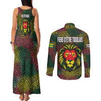 Togo Couples Matching Tank Maxi Dress and Long Sleeve Button Shirt with Red Lion Head Design and Traditional African Pattern