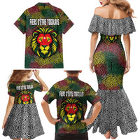 Togo Family Matching Mermaid Dress and Hawaiian Shirt with Red Lion Head Design and Traditional African Pattern