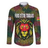 Togo Family Matching Off The Shoulder Long Sleeve Dress and Hawaiian Shirt with Red Lion Head Design and Traditional African Pattern