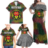 Togo Family Matching Off Shoulder Maxi Dress and Hawaiian Shirt with Red Lion Head Design and Traditional African Pattern