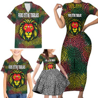 Togo Family Matching Short Sleeve Bodycon Dress and Hawaiian Shirt with Red Lion Head Design and Traditional African Pattern