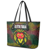 Togo Leather Tote Bag with Red Lion Head Design and Traditional African Pattern