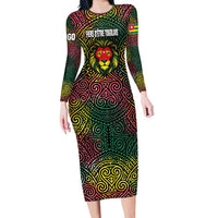 Togo Long Sleeve Bodycon Dress with Red Lion Head Design and Traditional African Pattern