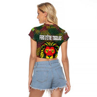 Togo Raglan Cropped T Shirt with Red Lion Head Design and Traditional African Pattern