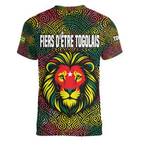 Togo Women V-Neck T-Shirt with Red Lion Head Design and Traditional African Pattern