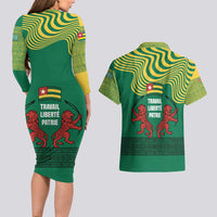 Togo Couples Matching Long Sleeve Bodycon Dress and Hawaiian Shirt with Red Twin Lions and Travail Liberté Patrie Slogan