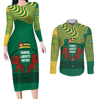 Togo Couples Matching Long Sleeve Bodycon Dress and Long Sleeve Button Shirt with Red Twin Lions and Travail Liberté Patrie Slogan