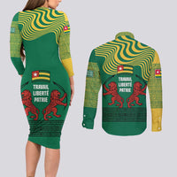 Togo Couples Matching Long Sleeve Bodycon Dress and Long Sleeve Button Shirt with Red Twin Lions and Travail Liberté Patrie Slogan