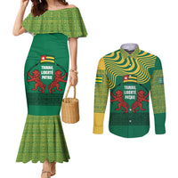 Togo Couples Matching Mermaid Dress and Long Sleeve Button Shirt with Red Twin Lions and Travail Liberté Patrie Slogan