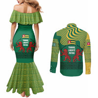Togo Couples Matching Mermaid Dress and Long Sleeve Button Shirt with Red Twin Lions and Travail Liberté Patrie Slogan