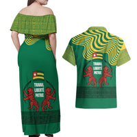 Togo Couples Matching Off Shoulder Maxi Dress and Hawaiian Shirt with Red Twin Lions and Travail Liberté Patrie Slogan