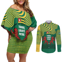 Togo Couples Matching Off Shoulder Short Dress and Long Sleeve Button Shirt with Red Twin Lions and Travail Liberté Patrie Slogan