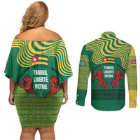 Togo Couples Matching Off Shoulder Short Dress and Long Sleeve Button Shirt with Red Twin Lions and Travail Liberté Patrie Slogan