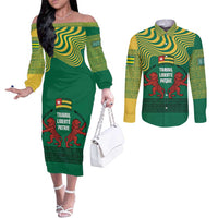 Togo Couples Matching Off The Shoulder Long Sleeve Dress and Long Sleeve Button Shirt with Red Twin Lions and Travail Liberté Patrie Slogan
