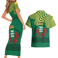 Togo Couples Matching Short Sleeve Bodycon Dress and Hawaiian Shirt with Red Twin Lions and Travail Liberté Patrie Slogan