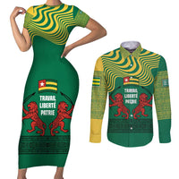 Togo Couples Matching Short Sleeve Bodycon Dress and Long Sleeve Button Shirt with Red Twin Lions and Travail Liberté Patrie Slogan