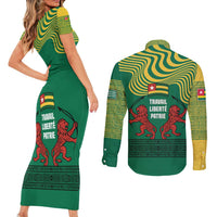 Togo Couples Matching Short Sleeve Bodycon Dress and Long Sleeve Button Shirt with Red Twin Lions and Travail Liberté Patrie Slogan