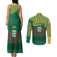 Togo Couples Matching Tank Maxi Dress and Long Sleeve Button Shirt with Red Twin Lions and Travail Liberté Patrie Slogan