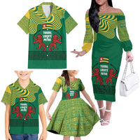 Togo Family Matching Off The Shoulder Long Sleeve Dress and Hawaiian Shirt with Red Twin Lions and Travail Liberté Patrie Slogan
